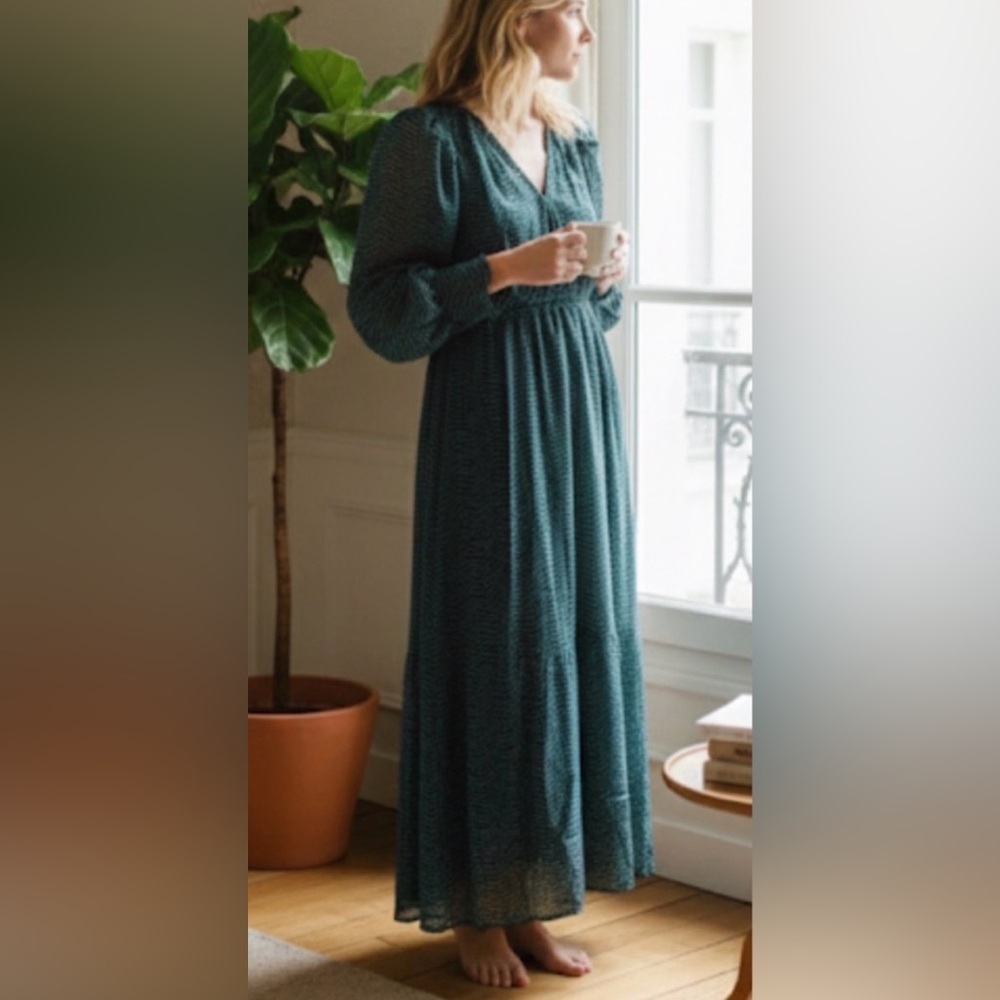 Ba&Sh $450 Long Sleeve Printed Midi Dress in Green Viscose. Size S